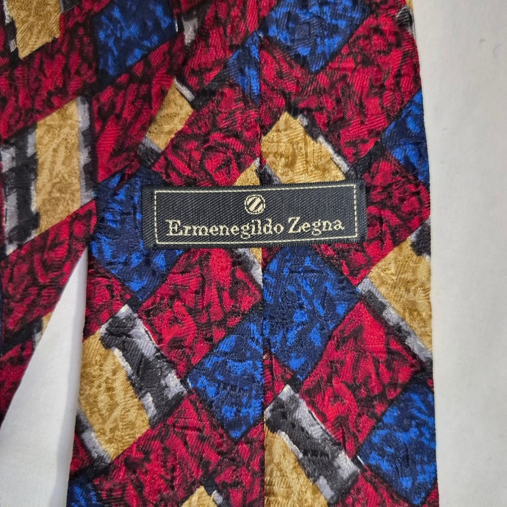 Ermenegildo Zegna Tie Mens Red Blue Geometric Abstract Silk Necktie Italy Office - Picture 5 of 9